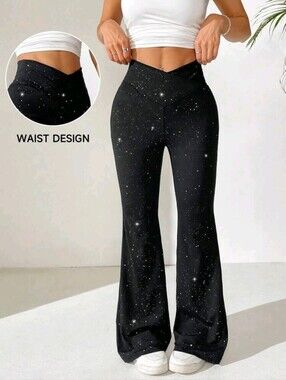 SHEIN EZwear Fashionable Cross Waist Shiny Flared Pants